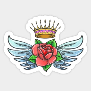 Winged Rose and Golden Crown colorful Tattoo. Sticker